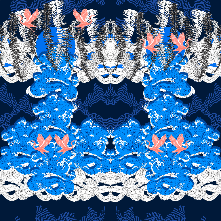 Silk crepe de chin printed fabric in blue, black and white