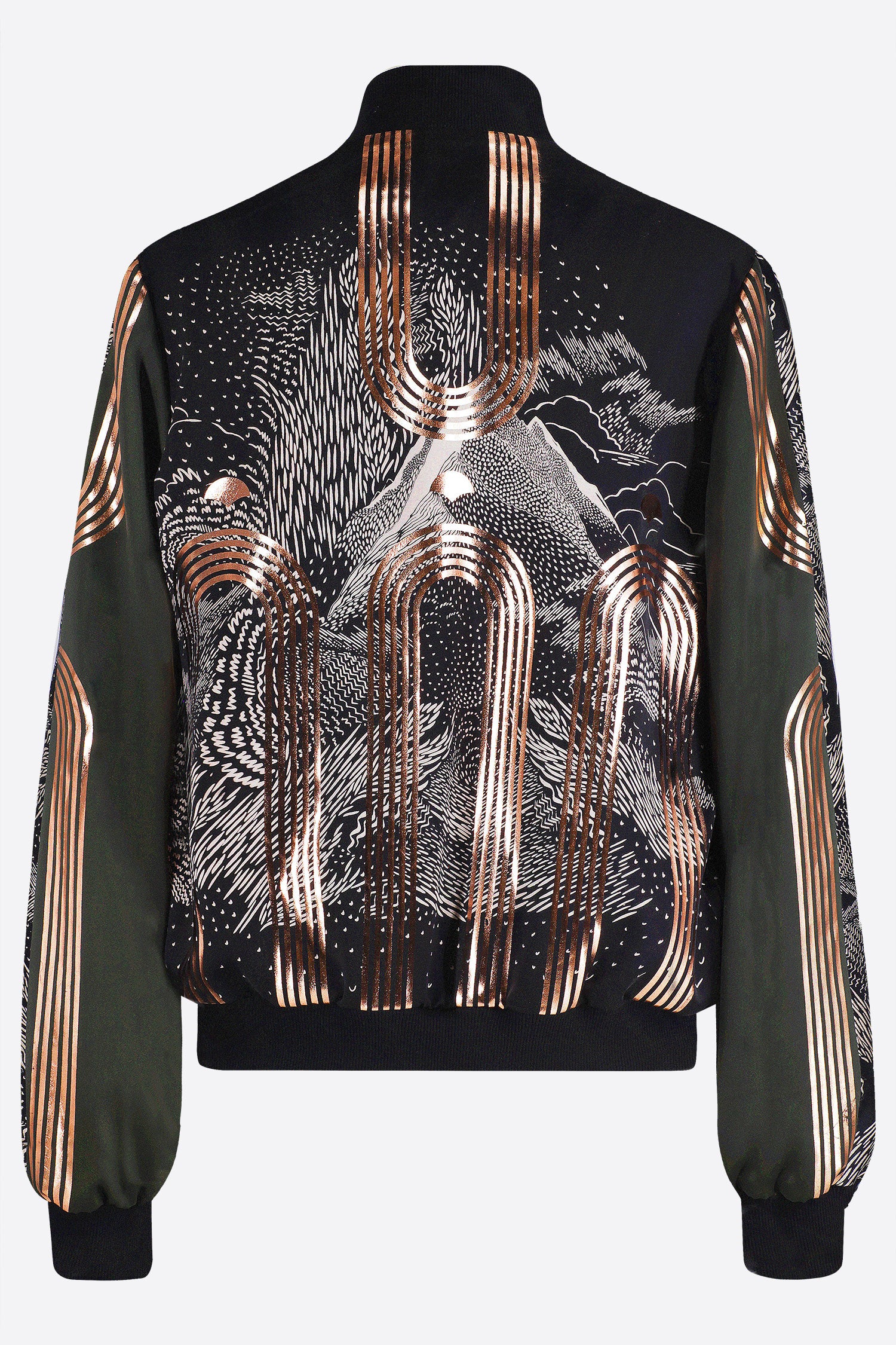 The back of a hand printed silk bomber bomber jacket with hand printed designs in black, olive green and rose gold