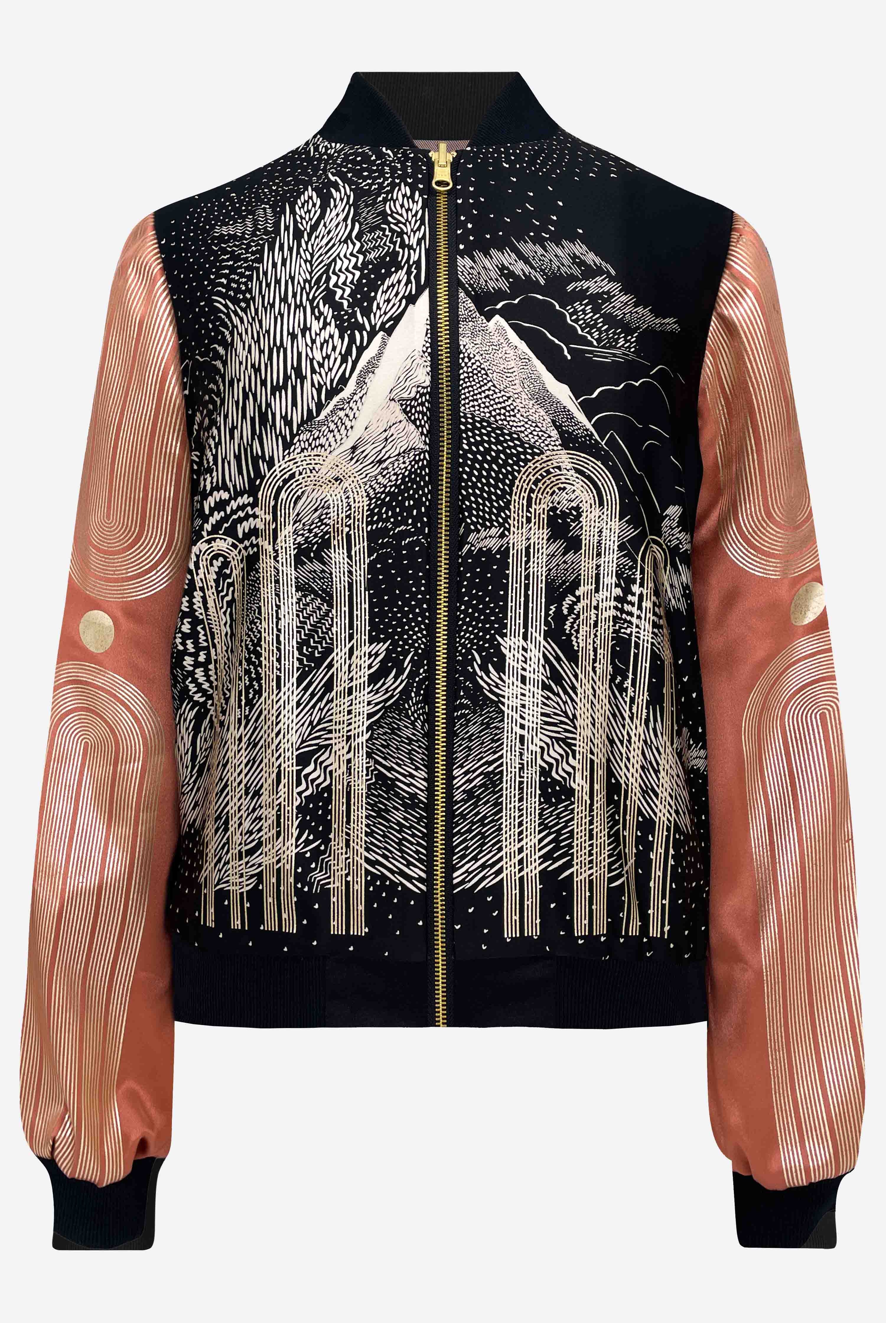 A silk bomber jacket with black as the primary color, featuring hand printed artist edition graphics in white and pink on the sleeves and front.
