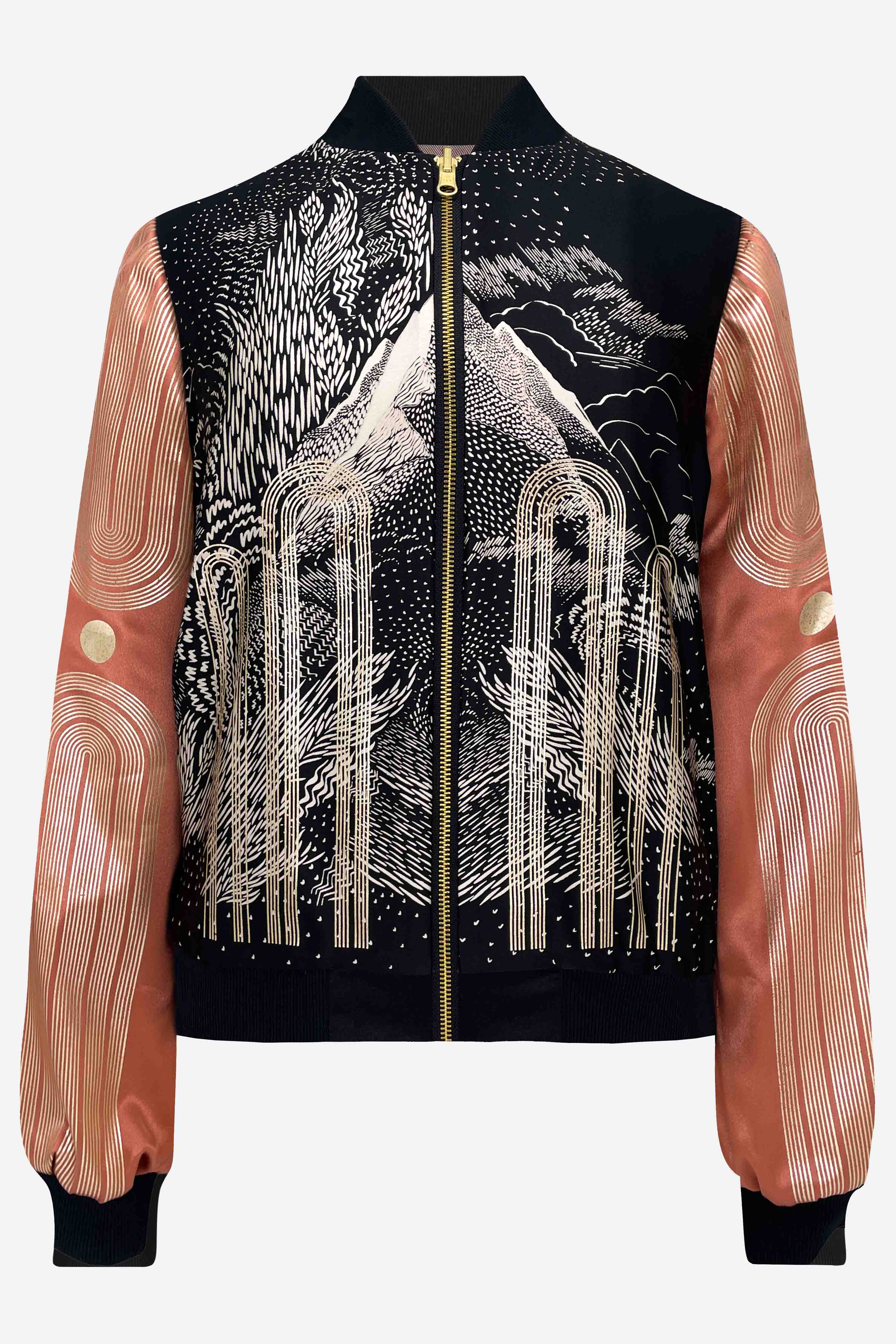 A silk bomber jacket with black as the primary color, featuring hand printed artist edition graphics in white and pink on the sleeves and front.