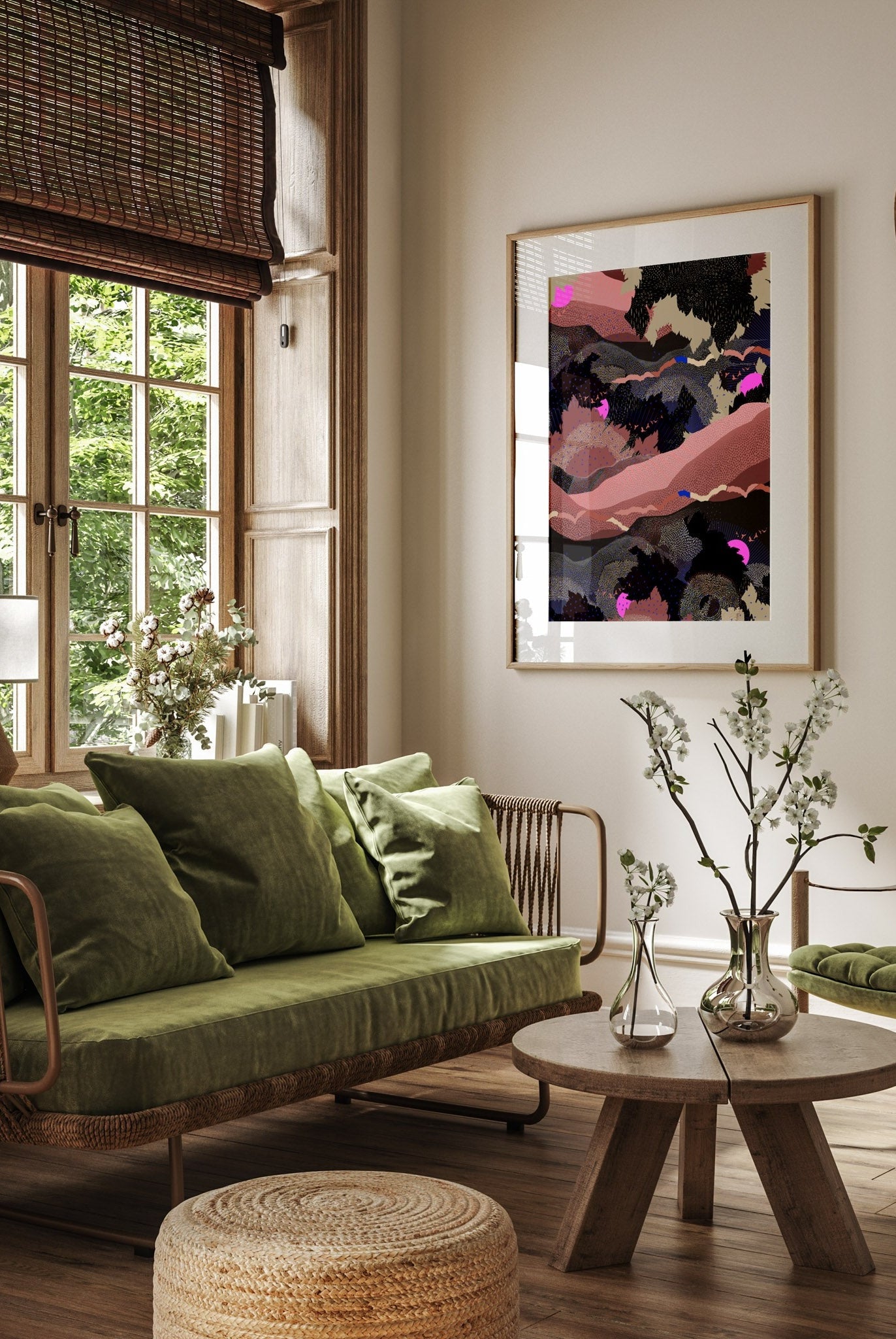 A mock up of Kiki print in a wooden frame on a wall