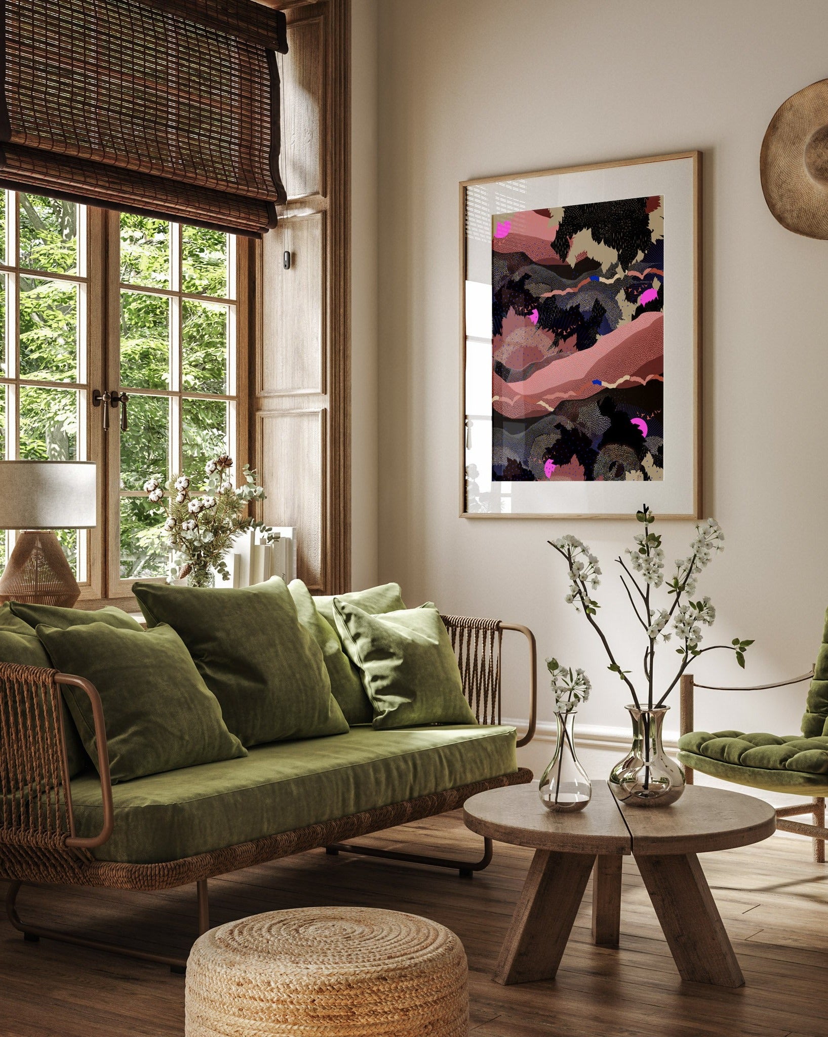 A mock up of Kiki print in a wooden frame on a wall