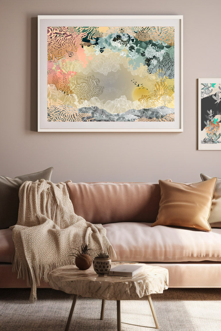 A mock up of Lola Giclee print in a white frame on a wall