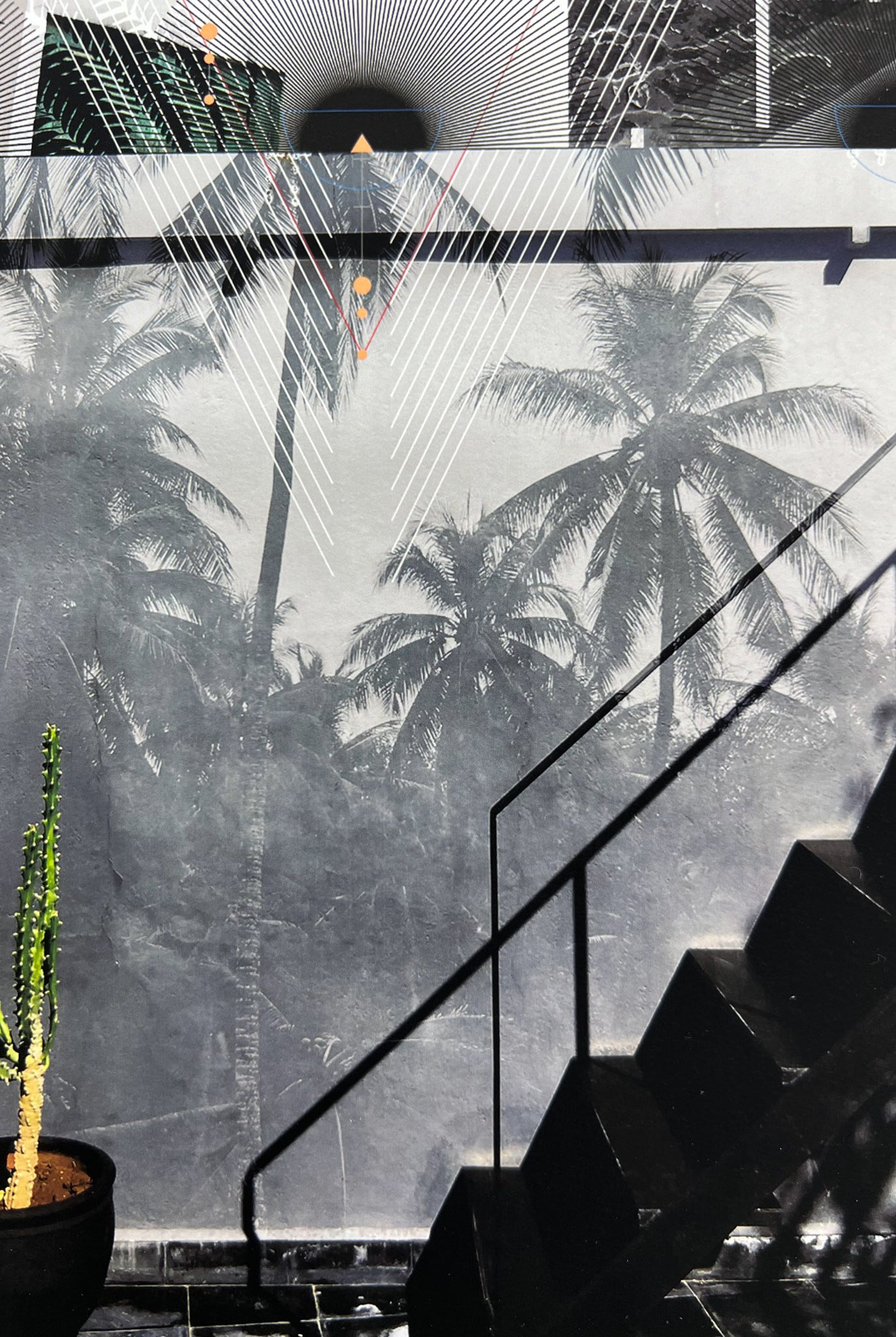 A close up of giclee print of Marrakesh and overlaid geometric shapes in black white and pink