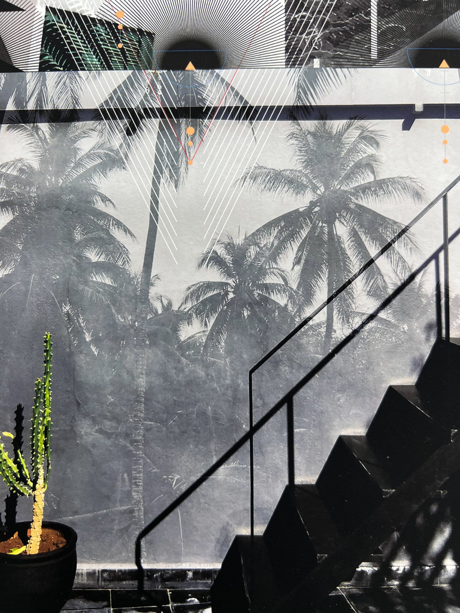 A close up of giclee print of Marrakesh and overlaid geometric shapes in black white and pink