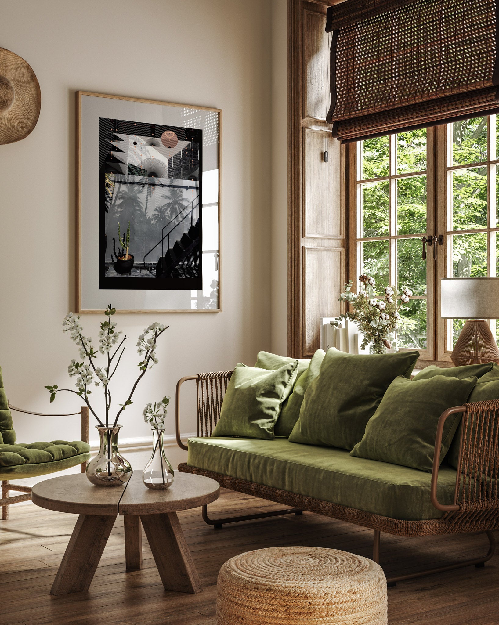 A mock up of a giclee print in a wooden frame in a living room