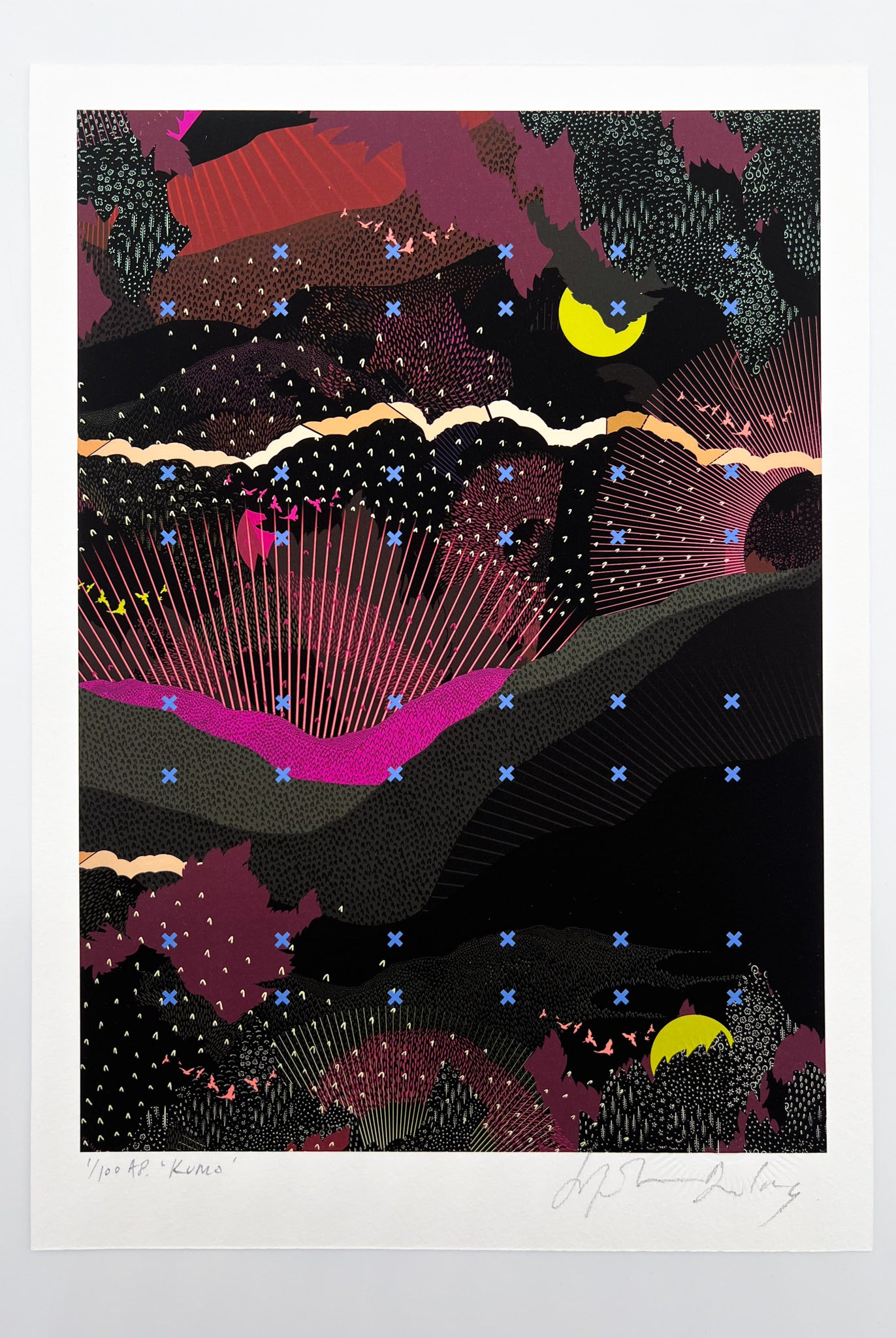 A giclee print with landscape design in greens and pinks with lime green moon details