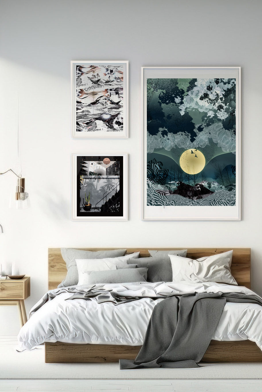 A mockup of New Moon giclee print in a white frame on a bedroom wall