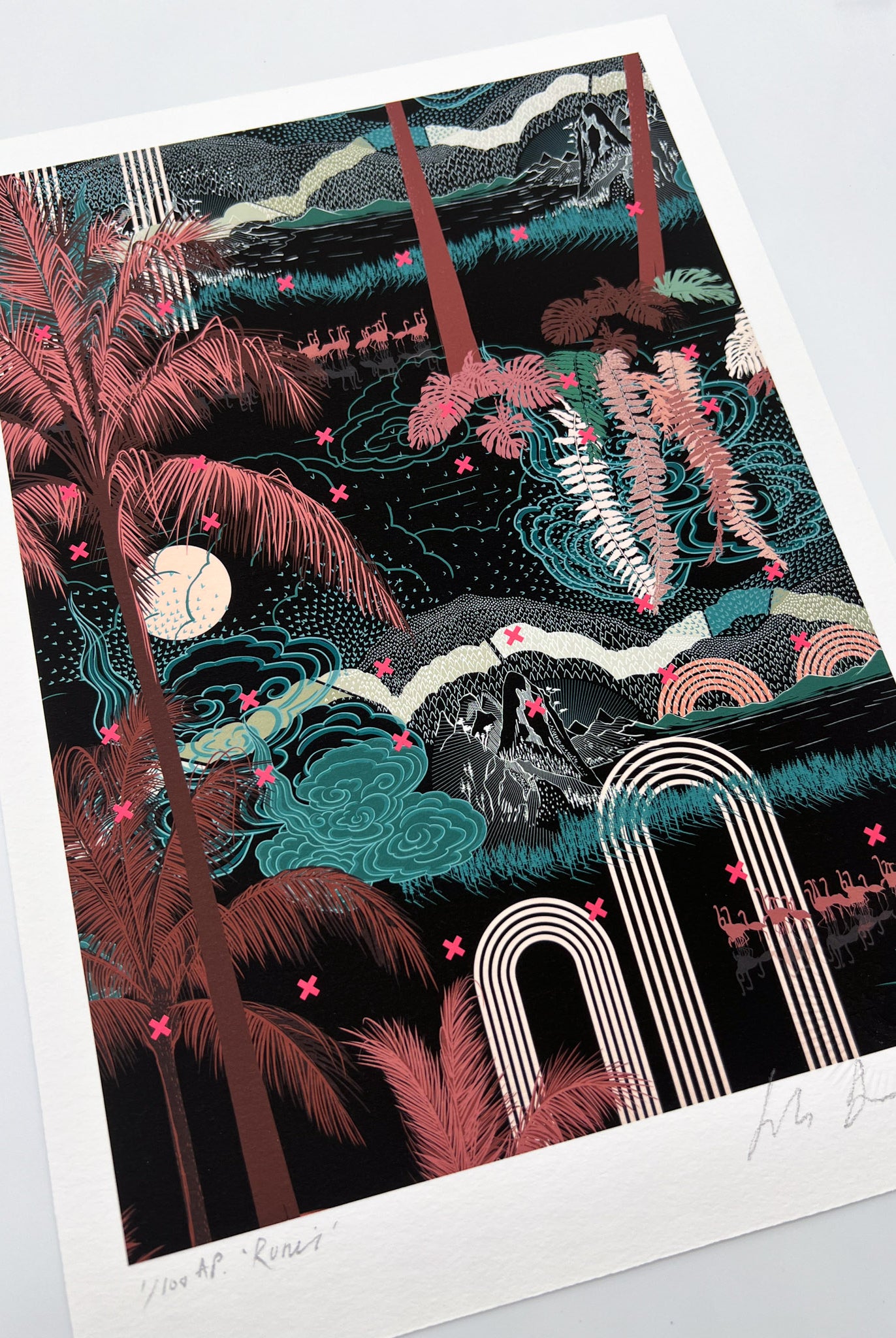 A giclee print of a landscape scene with palm trees and botanical plants in greens and wine red