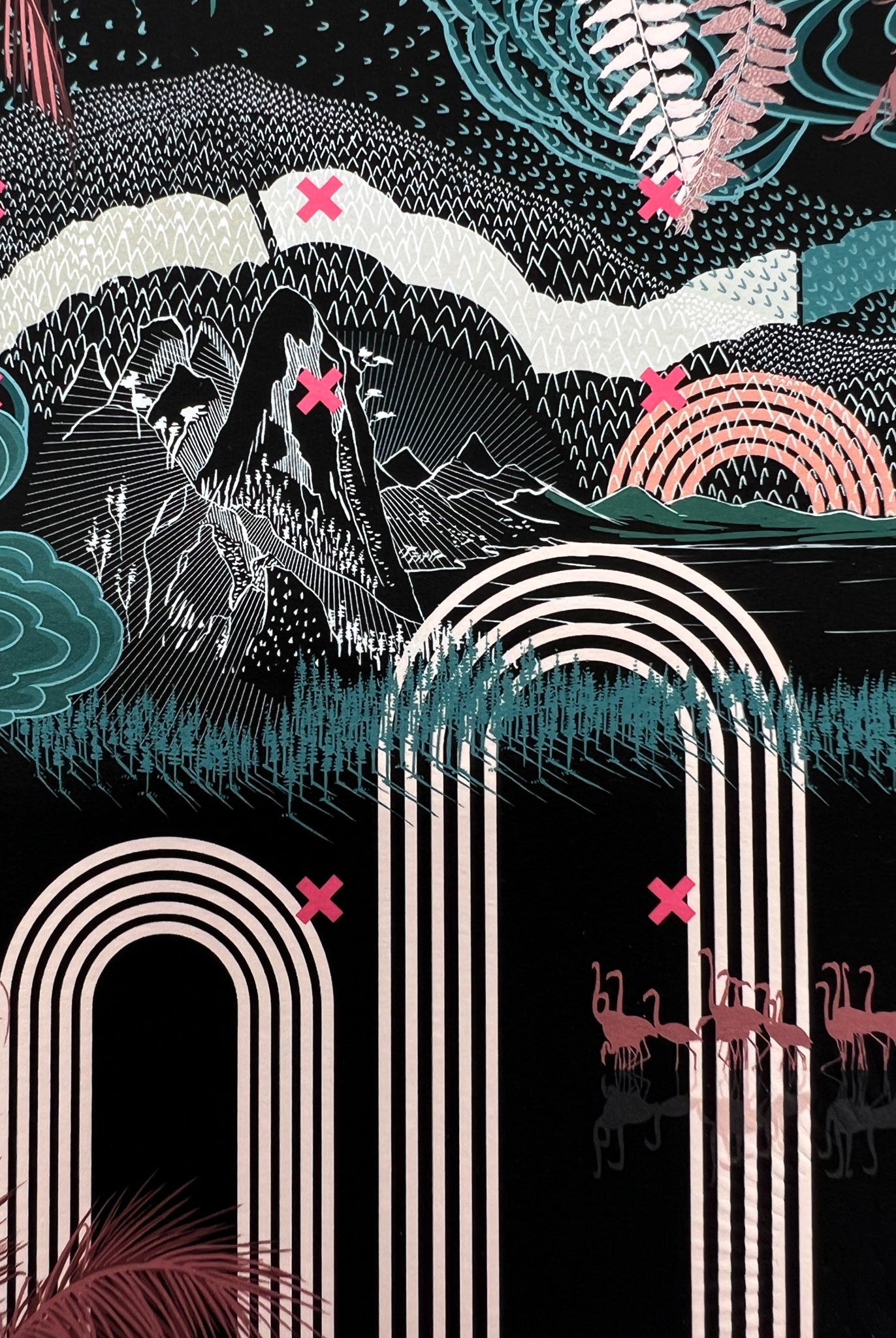 Close up of a giclee print of a mountainscape and geometric arch in black, green and white