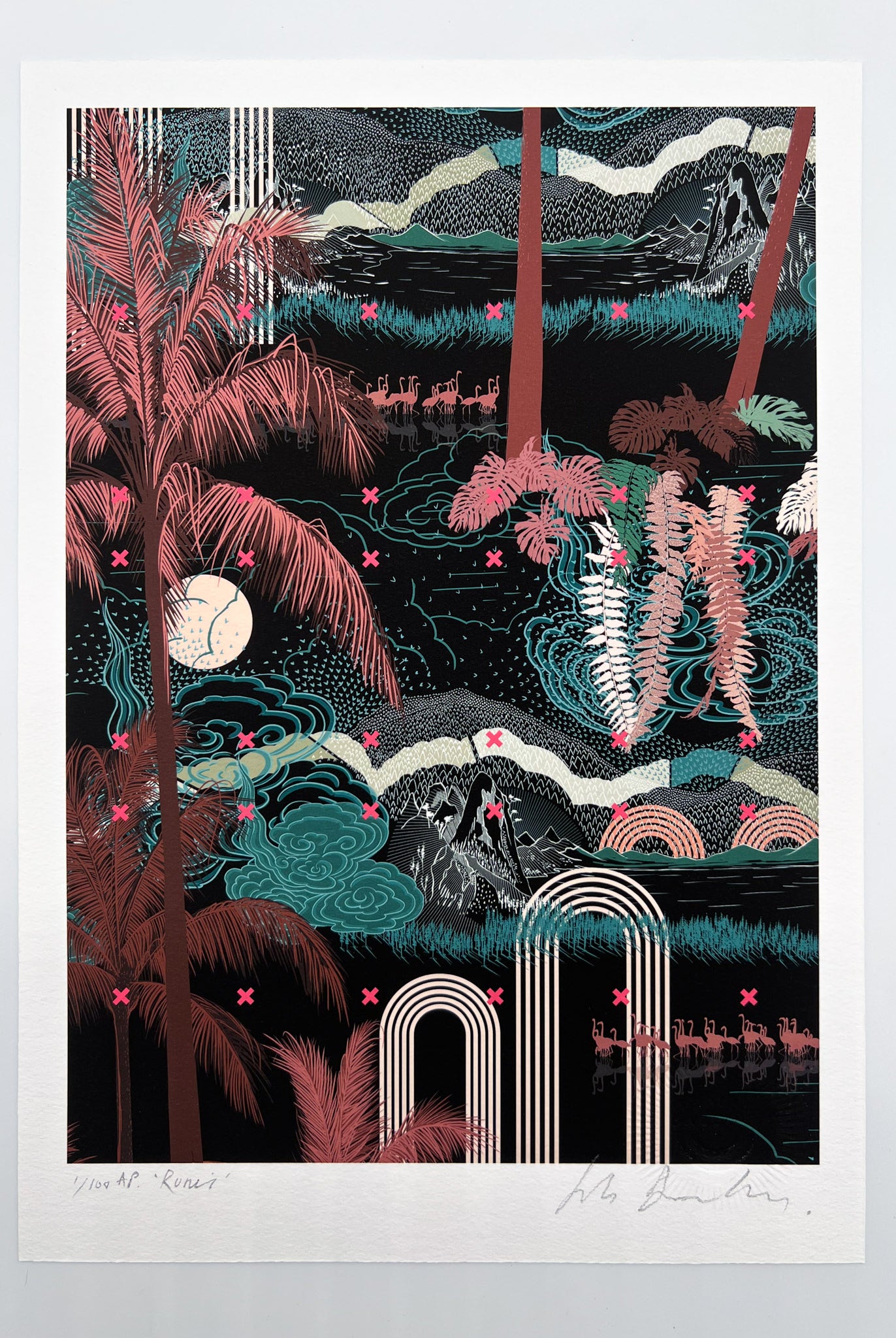 A giclee print of a landscape scene with palm trees and botanical plants in greens and wine red