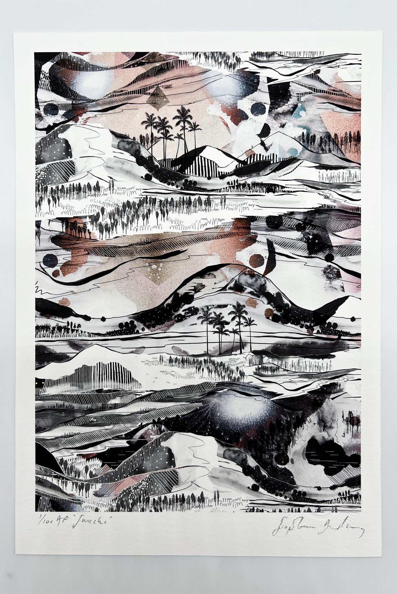 A giclee print of a landscape design in black, white and soft peachy tones