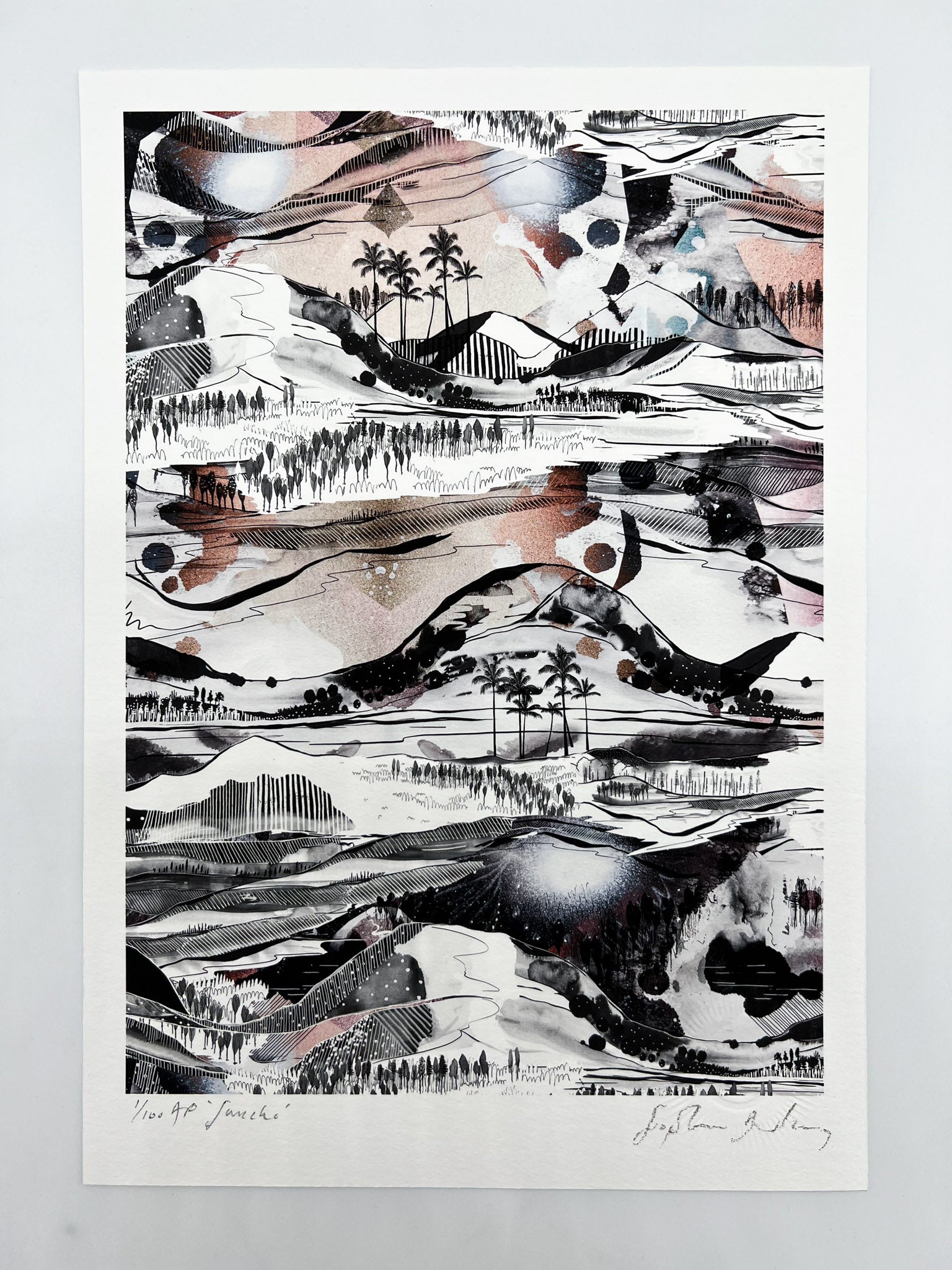 A giclee print of a landscape design in black, white and soft peachy tones