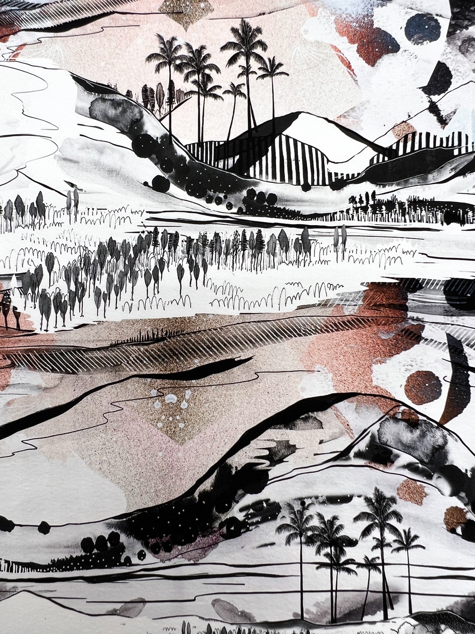 A close up of a giclee print of a landscape design in black, white and soft peachy tones