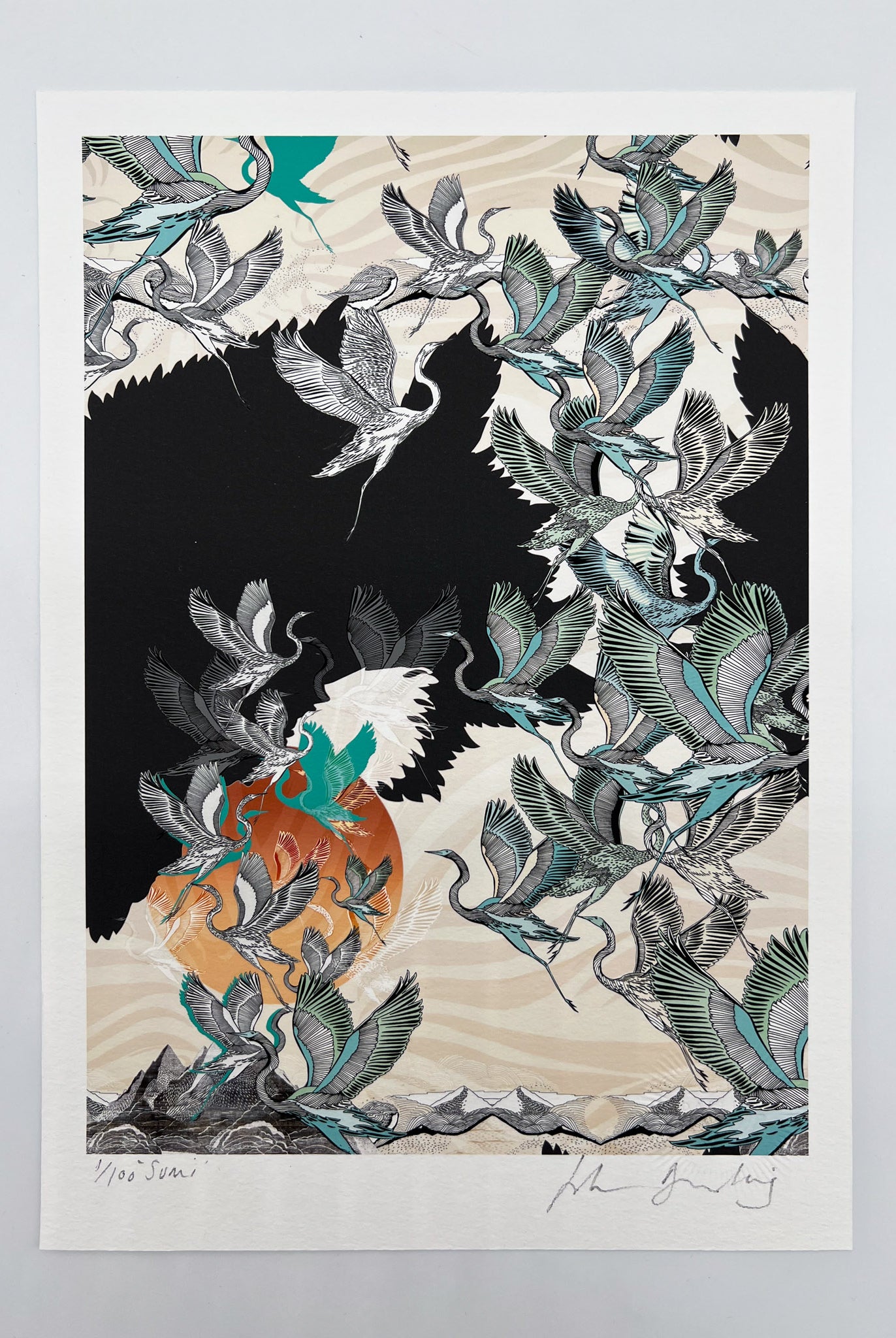 A Giclee print of a sunrise and stalk design in black, orange and blue