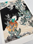 A Giclee print of a sunrise and stalk design in black, orange and blue