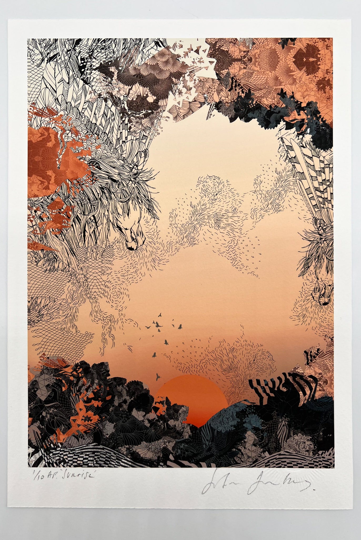 A giclee print with Sunrise design in oranges and blacks