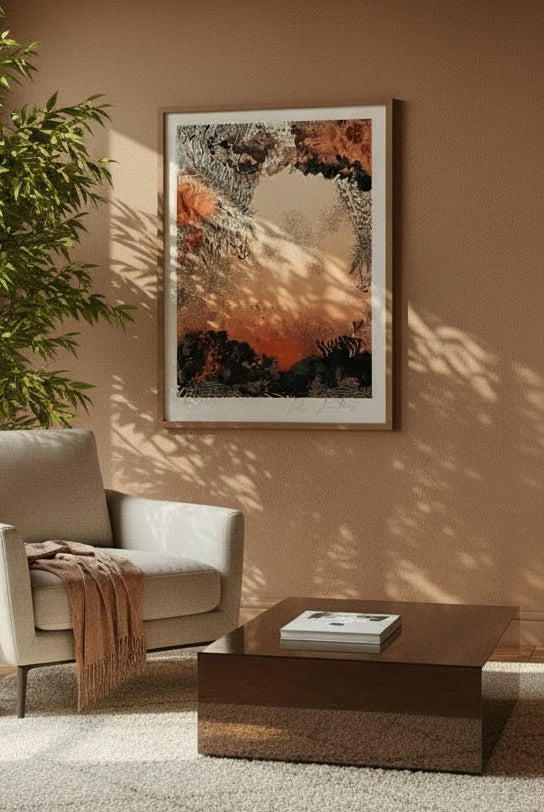 A giclee print with Sunrise design in oranges and blacks