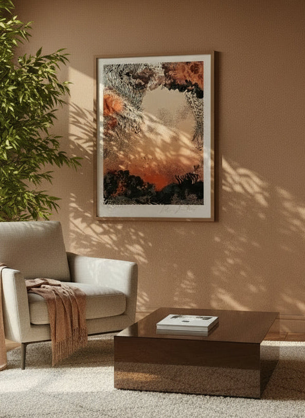 A giclee print with Sunrise design in oranges and blacks