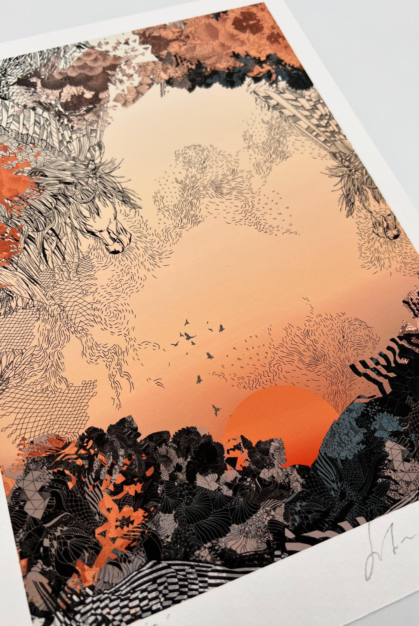 A giclee print with Sunrise design in oranges and blacks