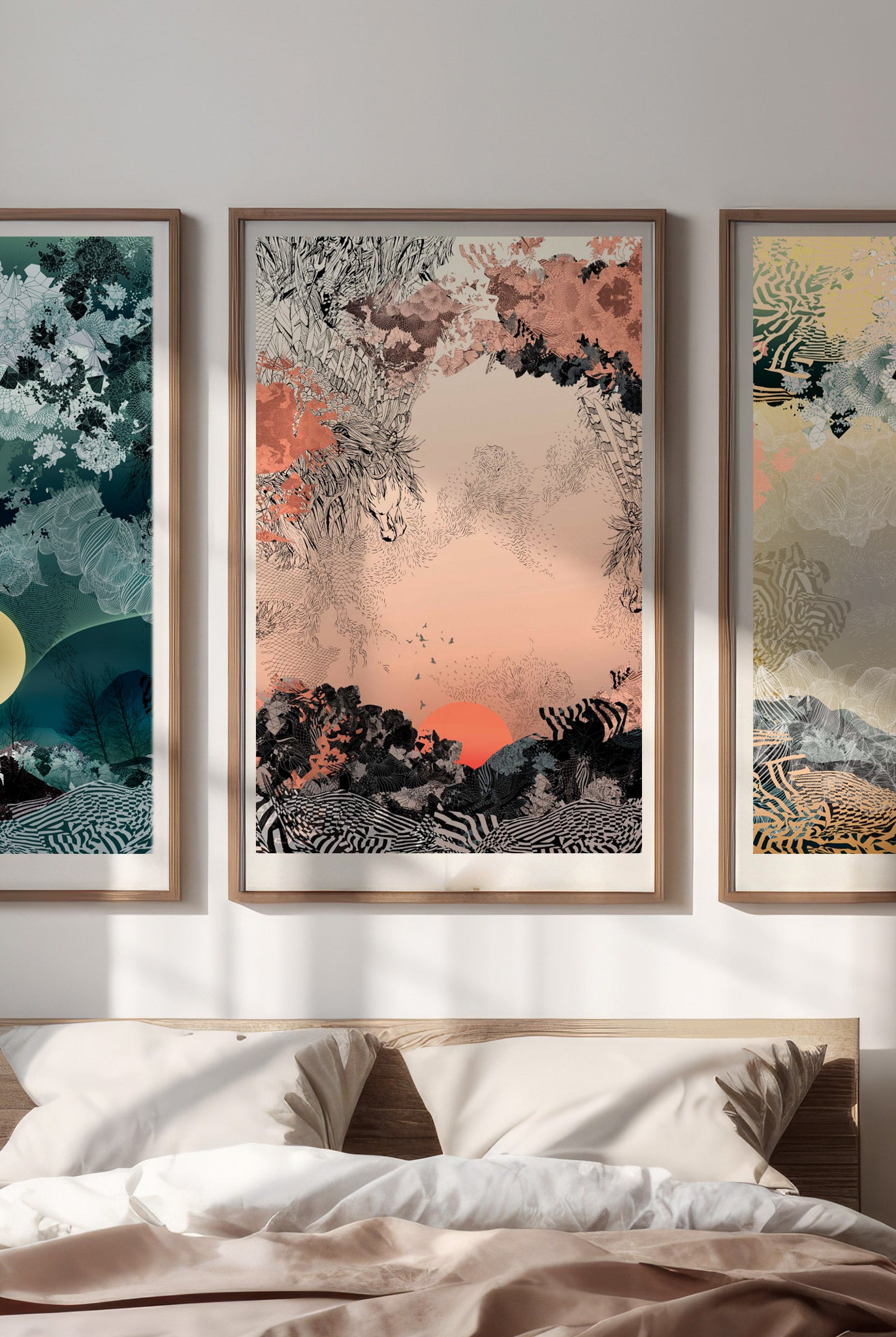 A mock up of a giclee print with Sunrise design in oranges and blacks in a wood frame