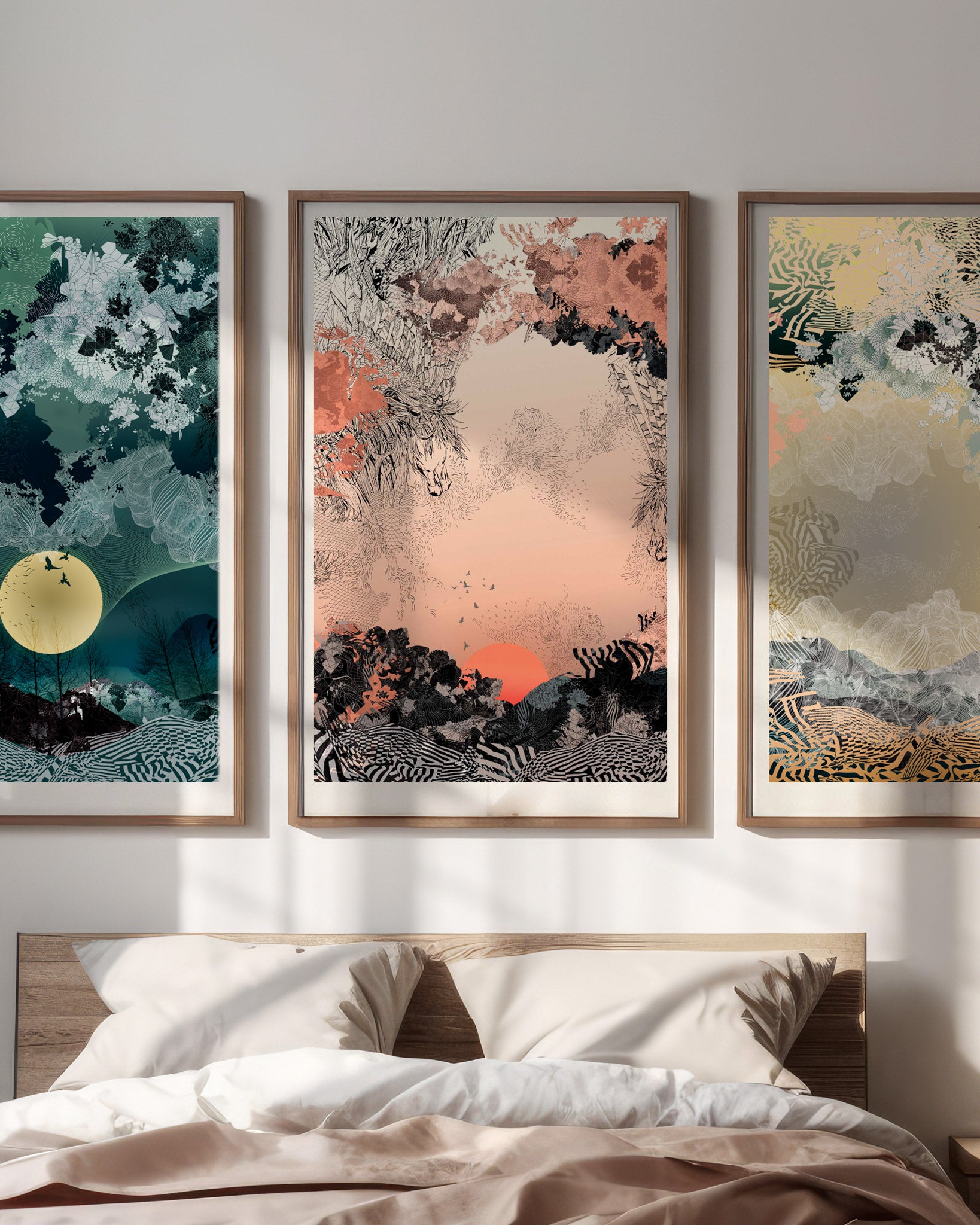 A mock up of a giclee print with Sunrise design in oranges and blacks in a wood frame