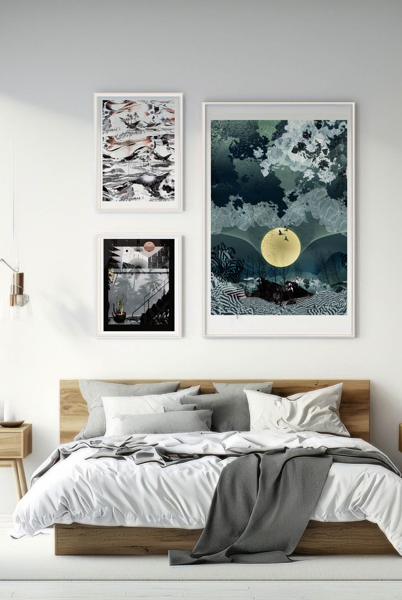 A mock up of a giclee print of a landscape design in black, white and soft peachy tones