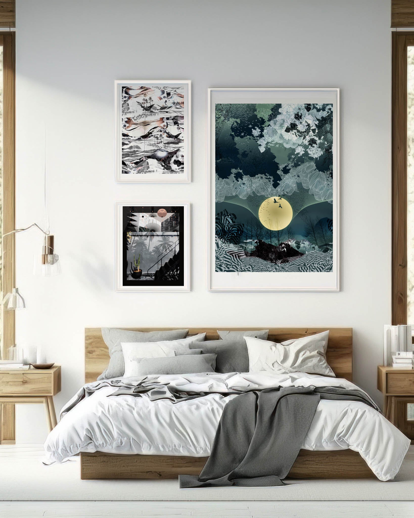 A mock up of a giclee print of a landscape design in black, white and soft peachy tones