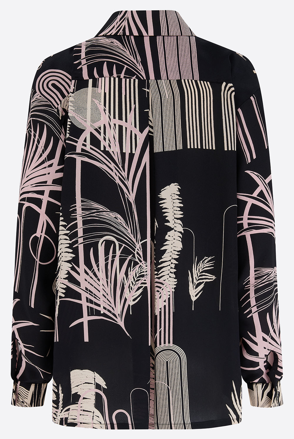 Hand printed silk shirt with pink and white abstract pattern on a white background