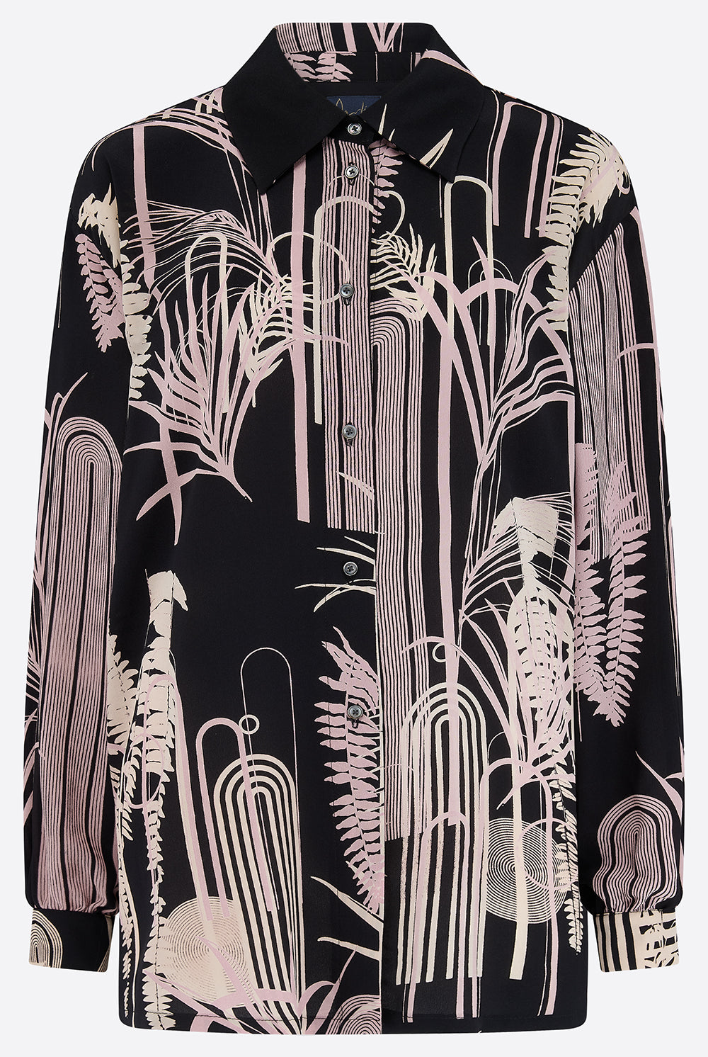 Hand Printed silk shirt shirt with abstract white and pink patterns on a white background