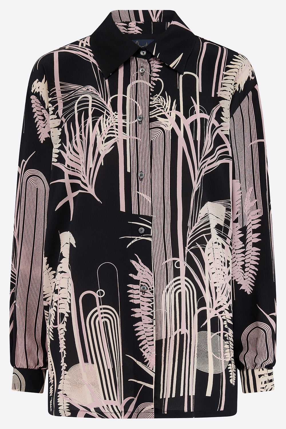 Hand Printed silk shirt shirt with abstract white and pink patterns on a white background