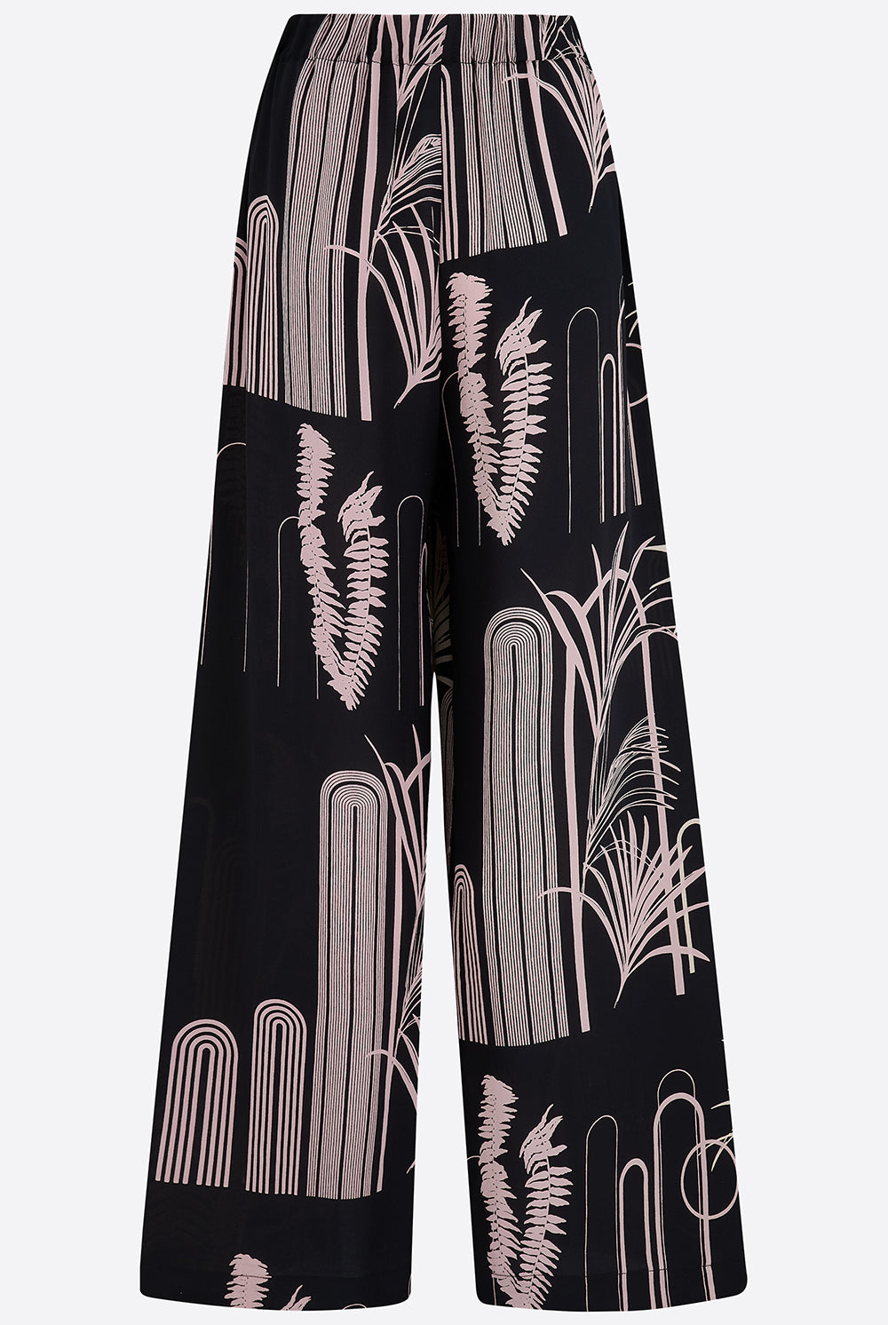 Hand printed silk trousers in Black wide-leg with white abstract pattern on a white background