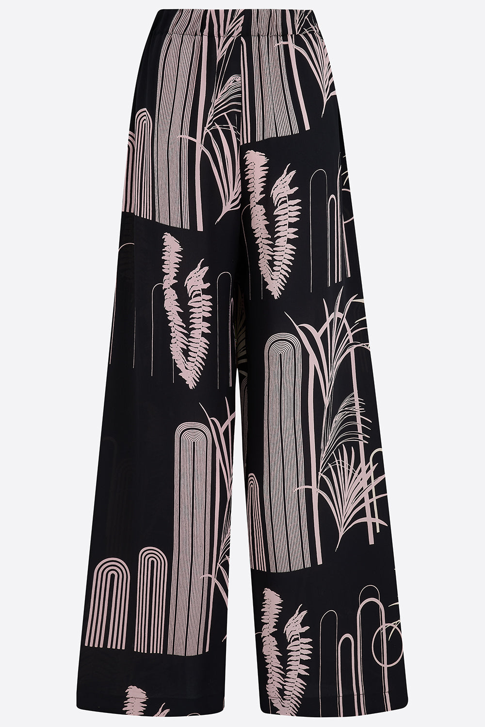 Hand printed silk trousers in Black wide-leg with white abstract pattern on a white background
