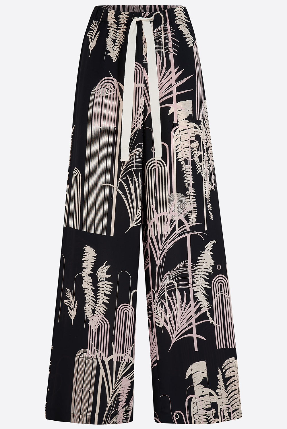Hand printed silk trousers with white abstract plant pattern on a white background