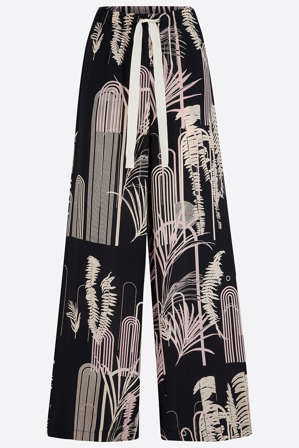 Hand printed silk trousers with white abstract plant pattern on a white background