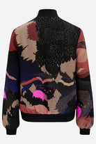 A silk printed bomber jacket with pink, beige and black