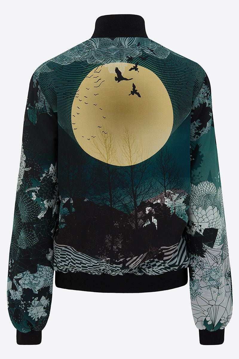 Back of a Silk Bomber Jacket with a large yellow moon, birds and a blue landscapes design