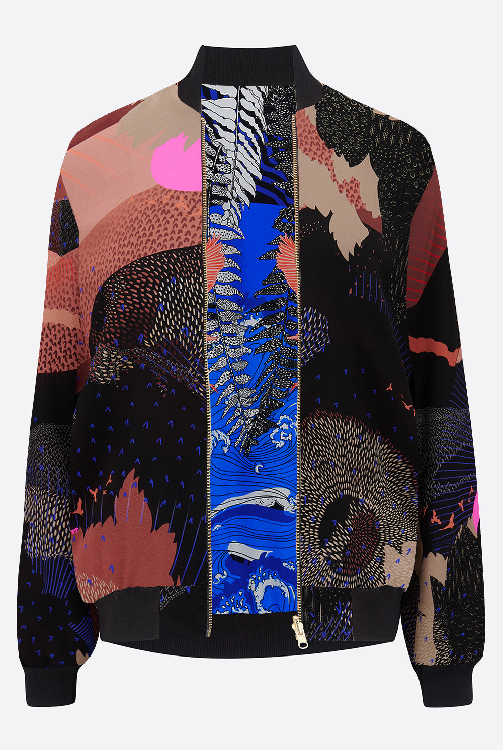 A reversible silk bomber jacket with pink, blue and black