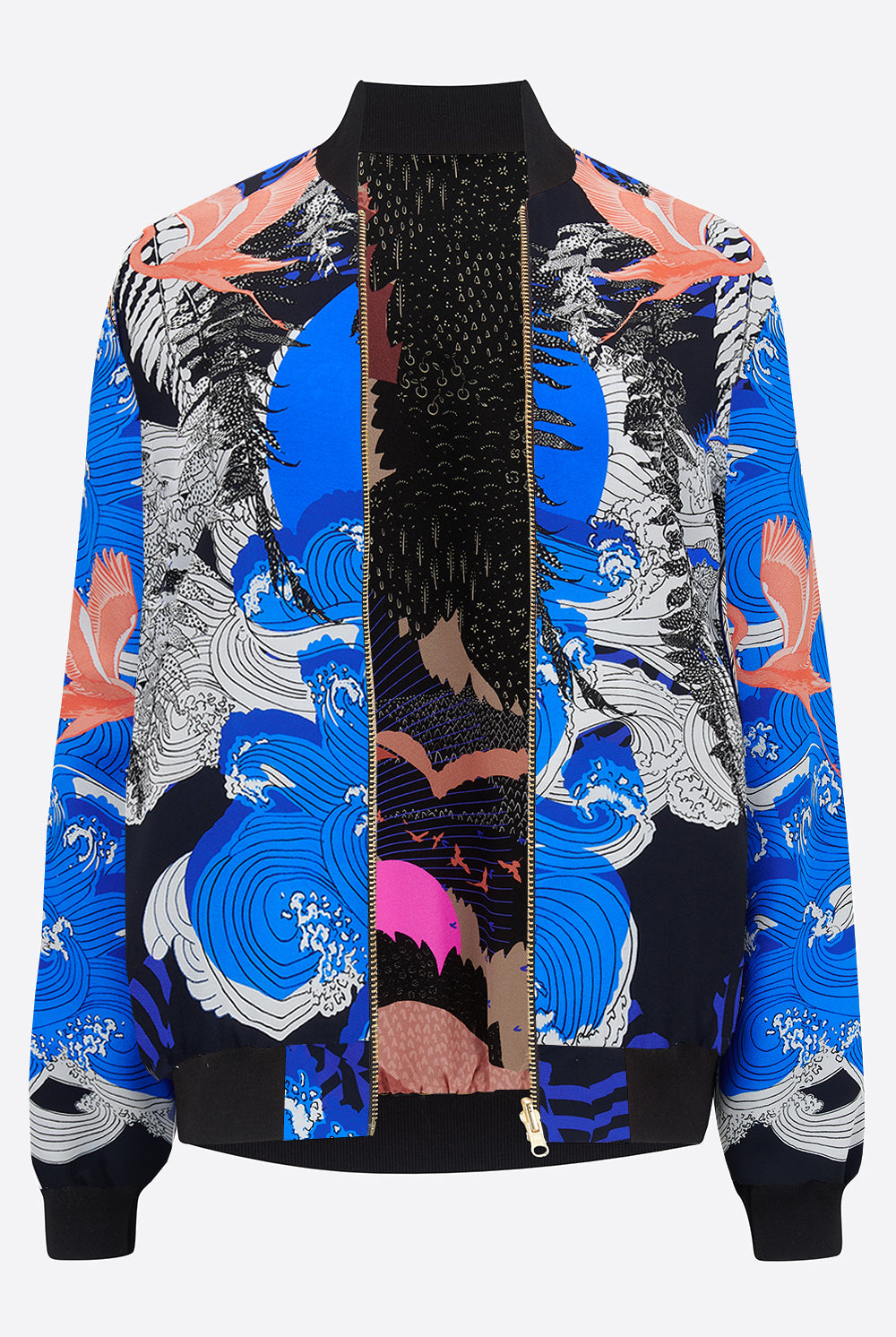 A silk printed bomber jacket with pink, blue and black