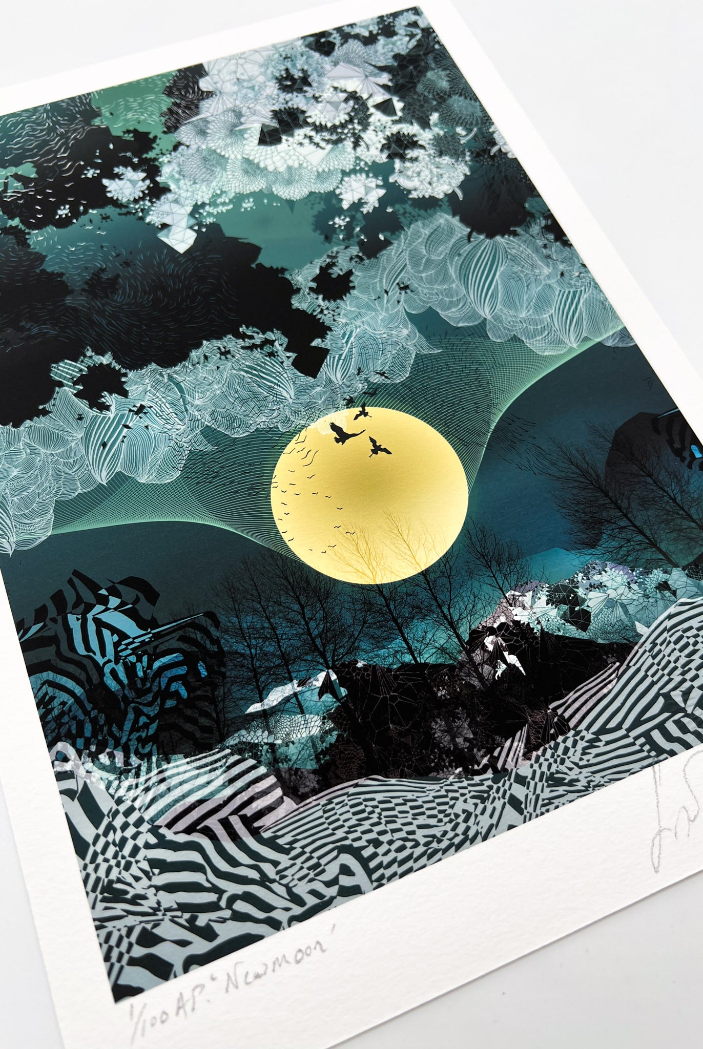 A giclee print of a large yellow moon, birds and a blue landscapes design
