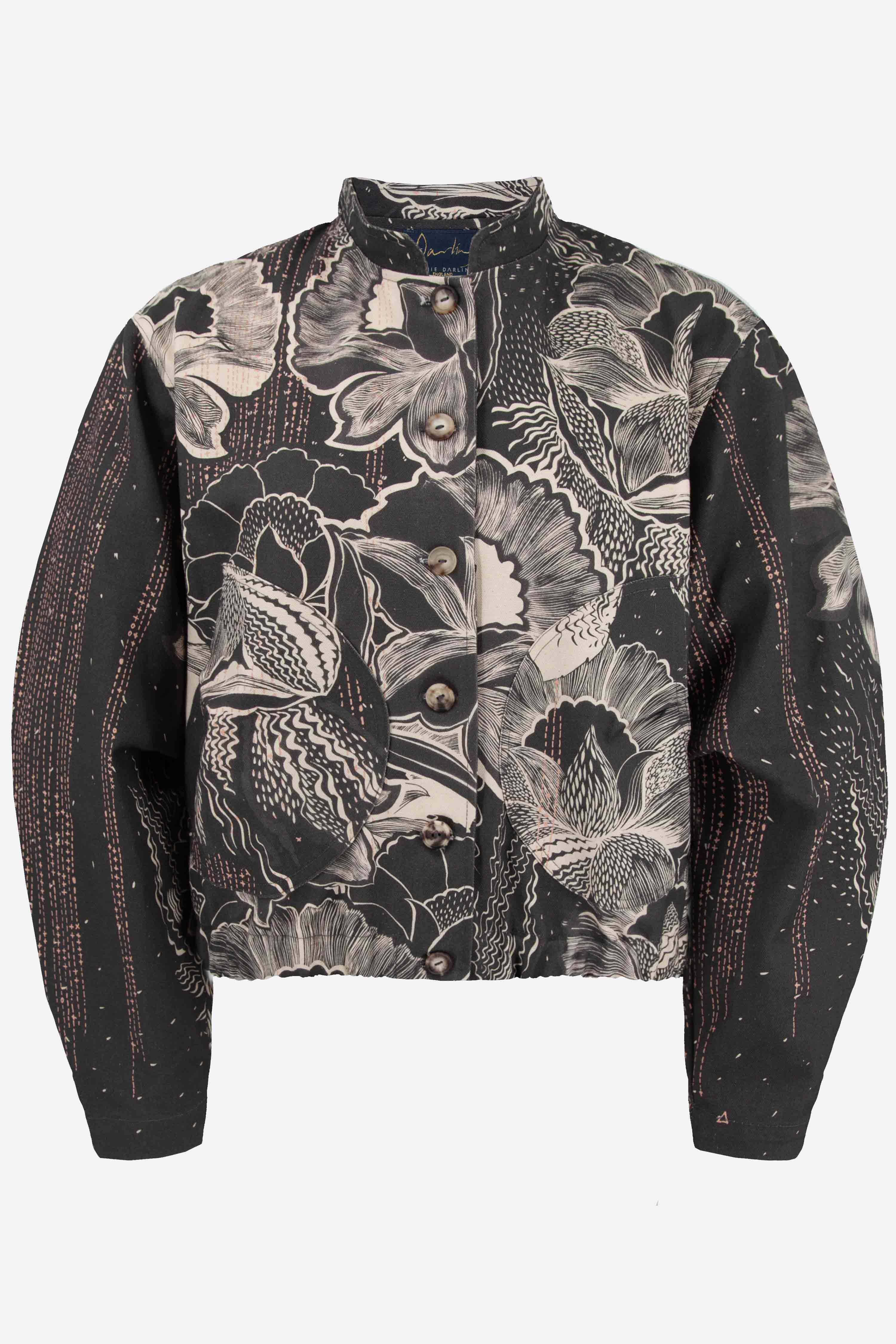 Womens lightweight summer jacket black floral cotton bomber styled outfit sustainable fashion UK