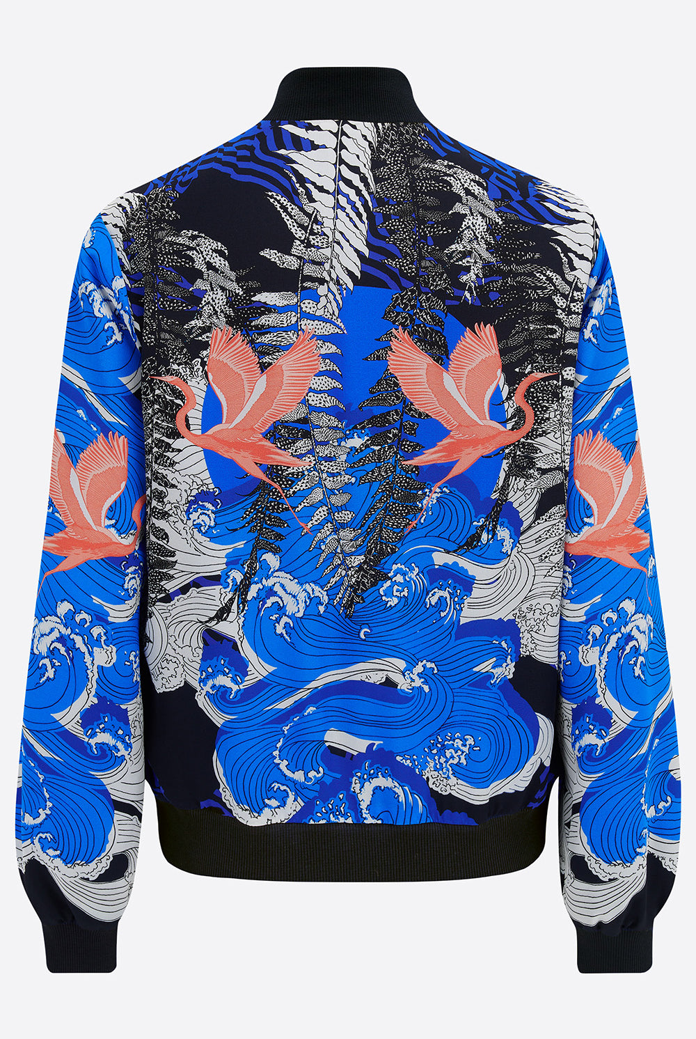 A silk printed bomber jacket with pink, blue and black 