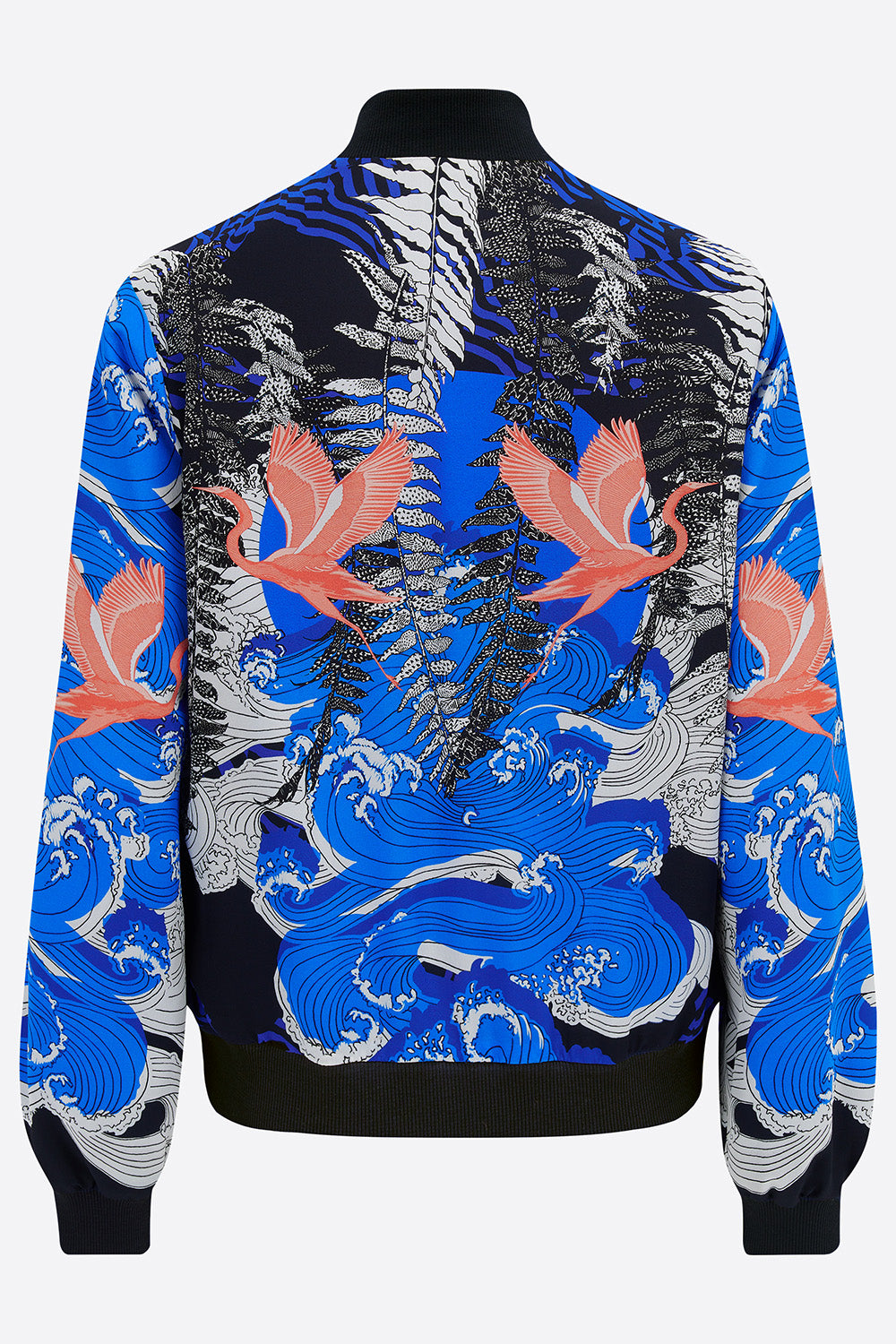 A silk printed bomber jacket with pink, blue and black