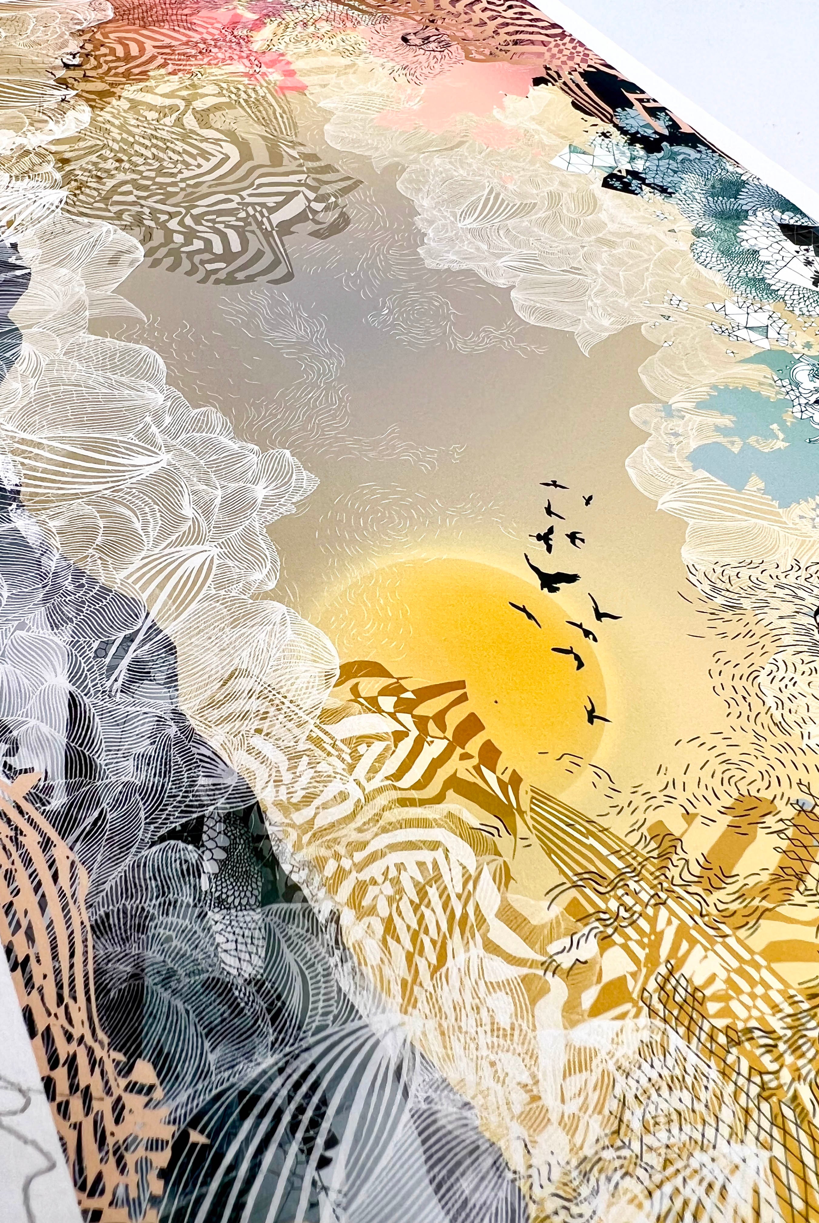 A Close up of a giclee print with sunrise and mountain landscape print in muted yellows and greens