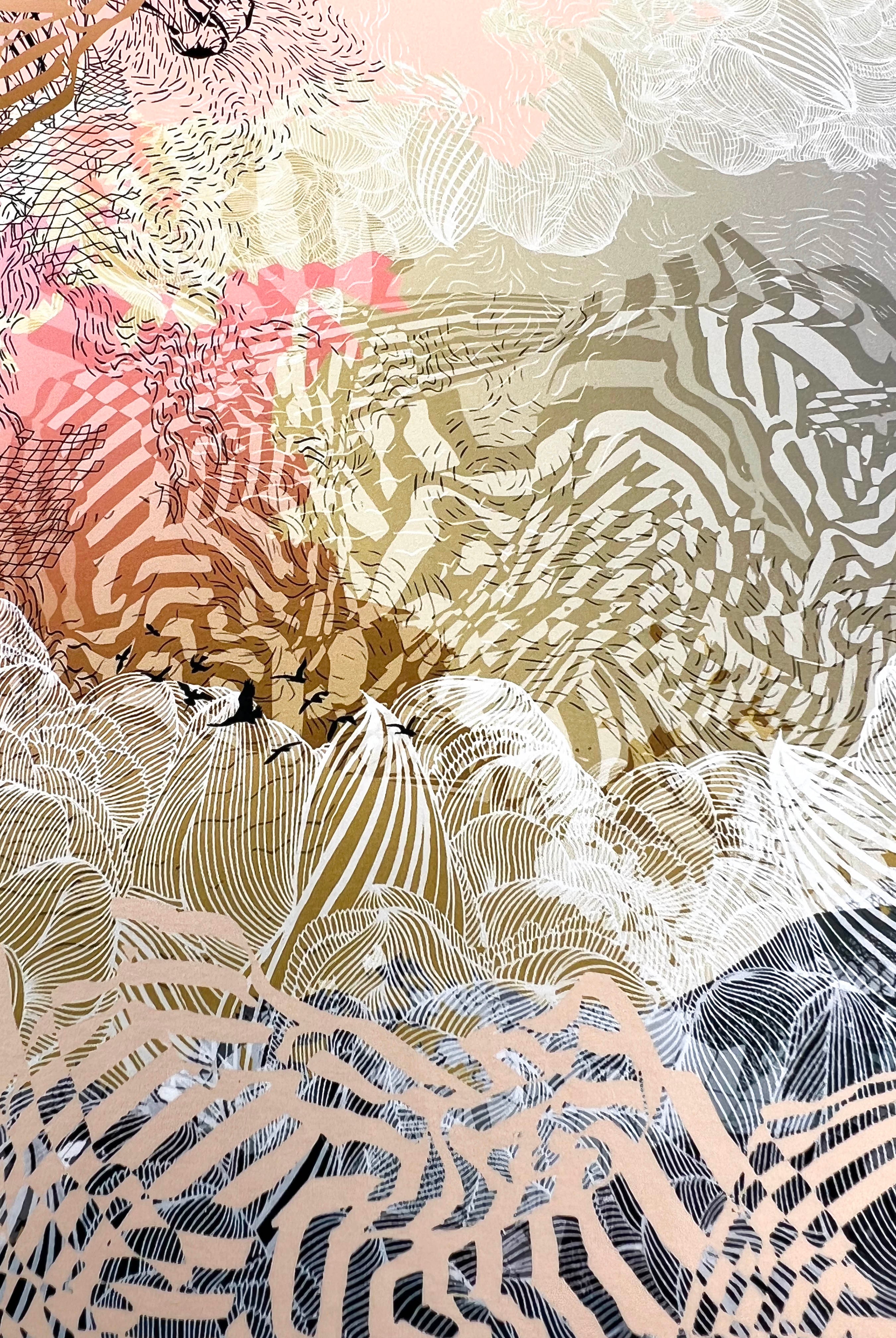 A Close up of a giclee print with sunrise and mountain landscape print in muted yellows and greens