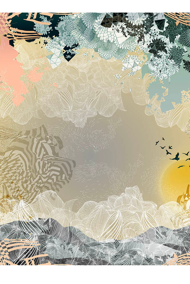 A Close up of a giclee print with sunrise and mountain landscape print in muted yellows and greens