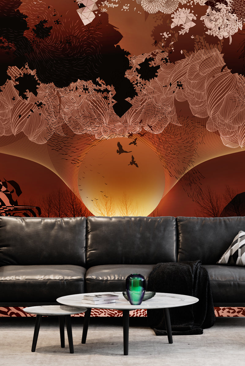 Mural wallpaper in situ in deep reds and oranges with a sunset design