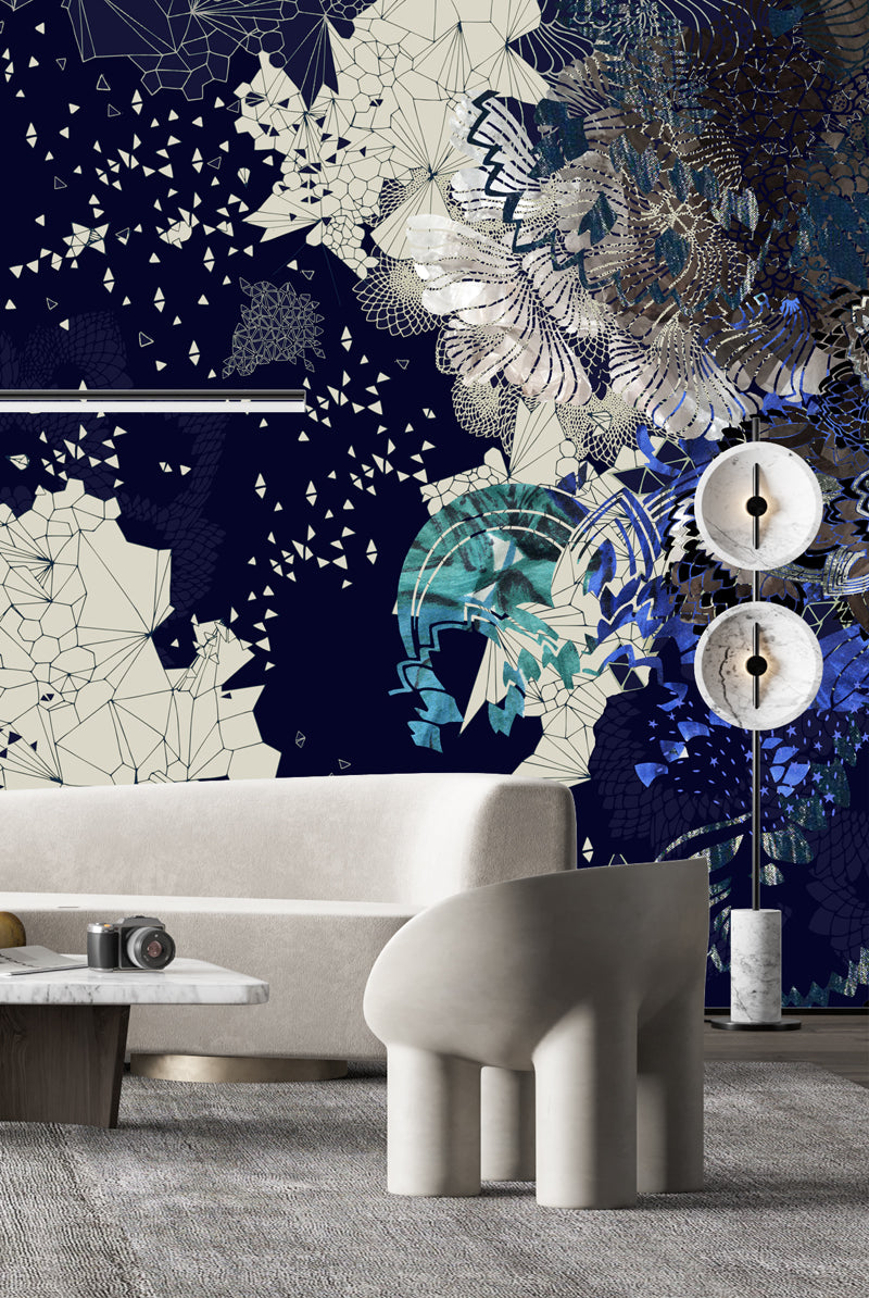 The colette print shown as a mural wallpaper inside a room