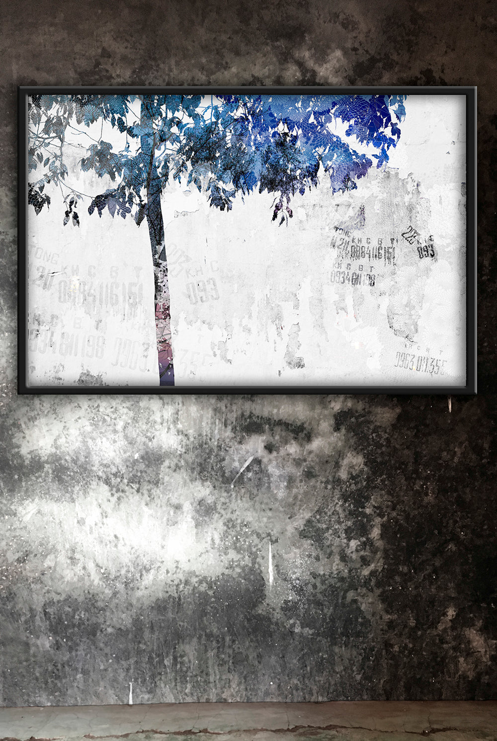 A giclee layered tree print in blue and white