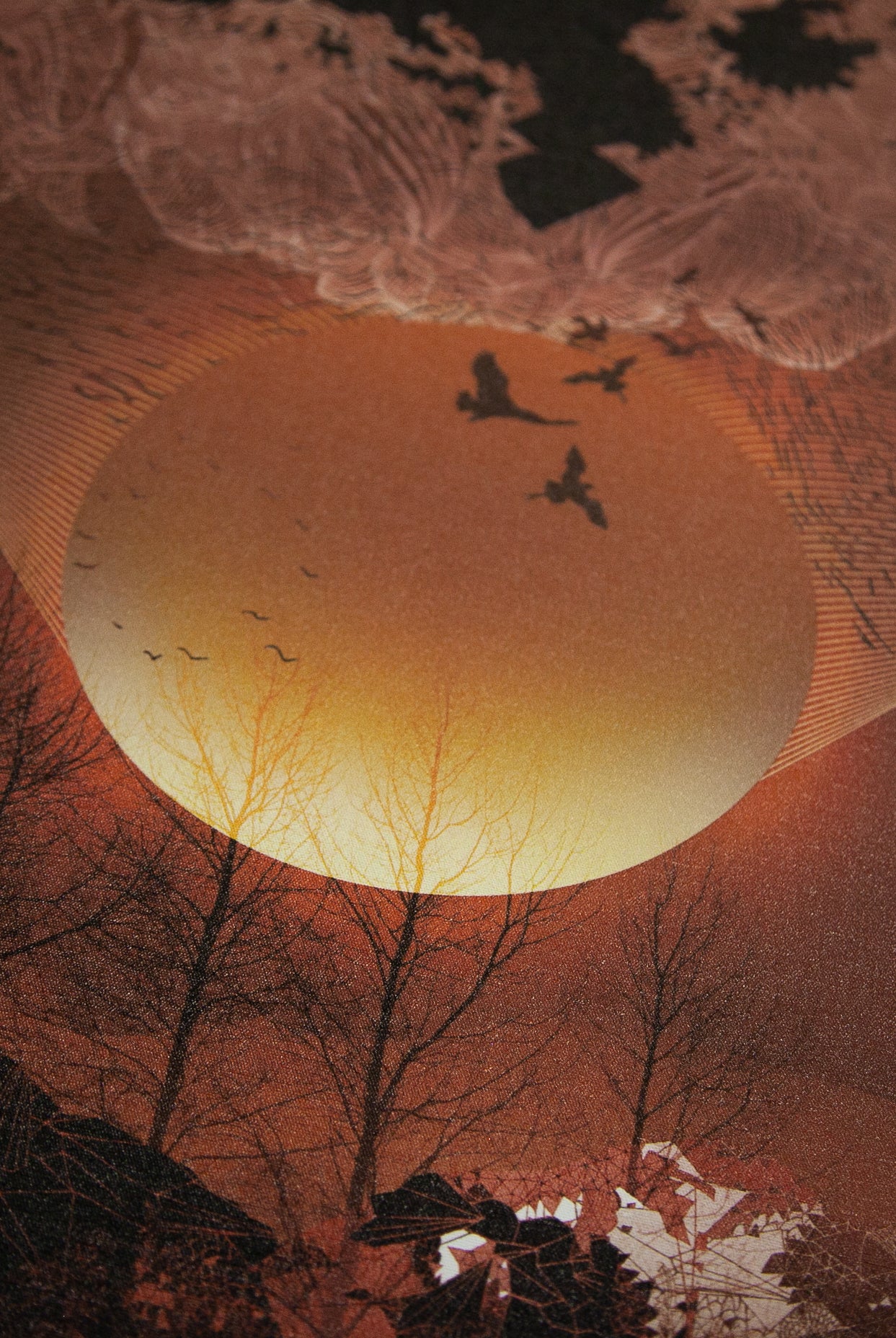 Close up of Autumn Moon mural wallpaper showing linen texture